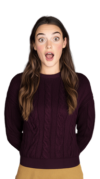 Young woman in burgundy sweater with a surprised expression, isolated on a transparent background, showcasing curiosity and excitement. png