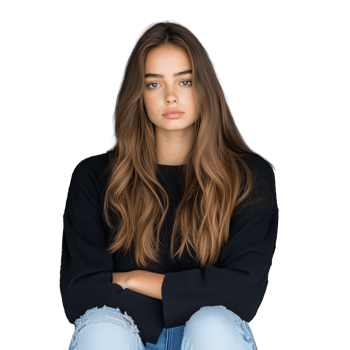 Thoughtful young woman with long hair in casual sweater, isolated on a transparent background, expressing contemplation and calm. png