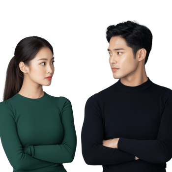 Serious young couple in dark outfits facing each other with arms crossed, isolated on a transparent background, showing determination and attitude. png