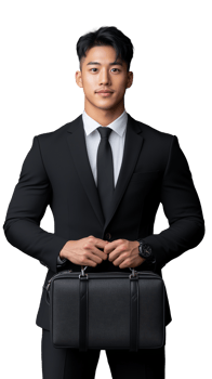 Confident young businessman in a suit with briefcase, isolated on a transparent background, representing professionalism and ambition. png