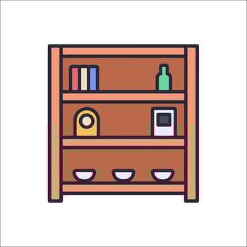 A shelf with books and other items on it vector