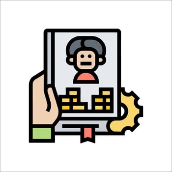 A hand holding a book with a person on it vector