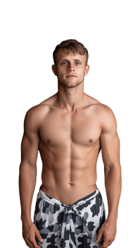 Fit young man shirtless in camo shorts, displaying athletic physique, isolated on a transparent background, representing fitness and health. png