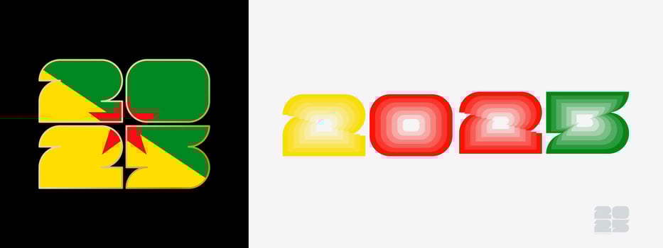 Year 2025 with flag of French Guiana and in color palate of French Guiana flag. Happy New Year 2025 in two different style. vector