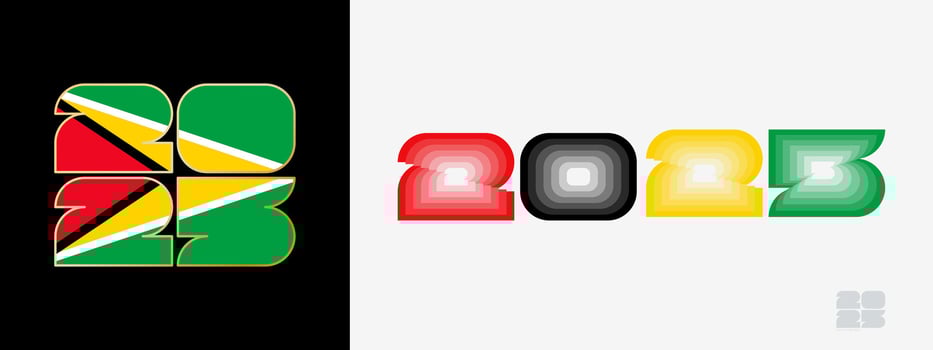 Year 2025 with flag of Guyana and in color palate of Guyana flag. Happy New Year 2025 in two different style. vector