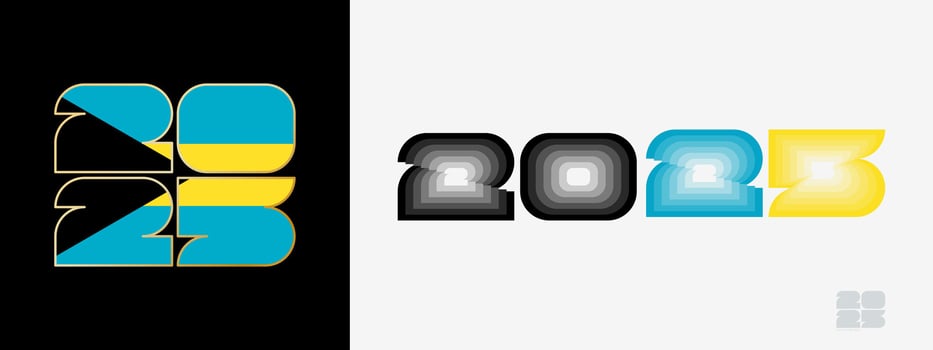 Year 2025 with flag of The Bahamas and in color palate of The Bahamas flag. Happy New Year 2025 in two different style. vector