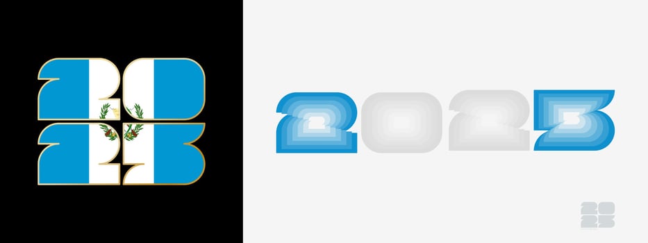 Year 2025 with flag of Guatemala and in color palate of Guatemala flag. Happy New Year 2025 in two different style. vector