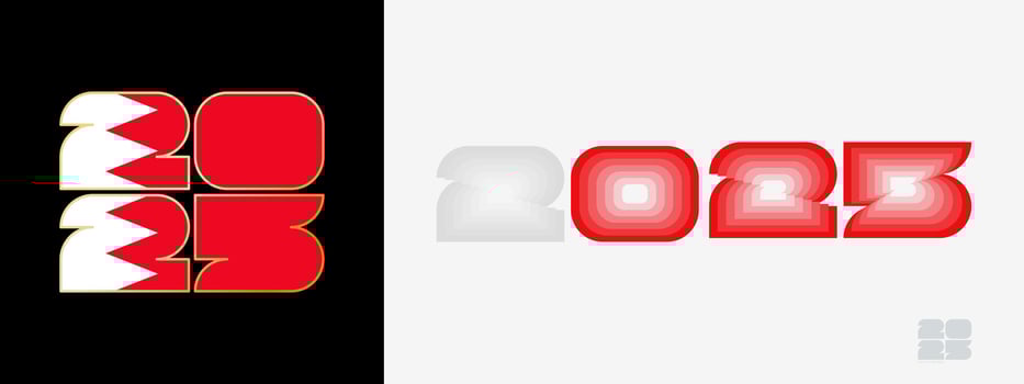 Year 2025 with flag of Bahrain and in color palate of Bahrain flag. Happy New Year 2025 in two different style. vector