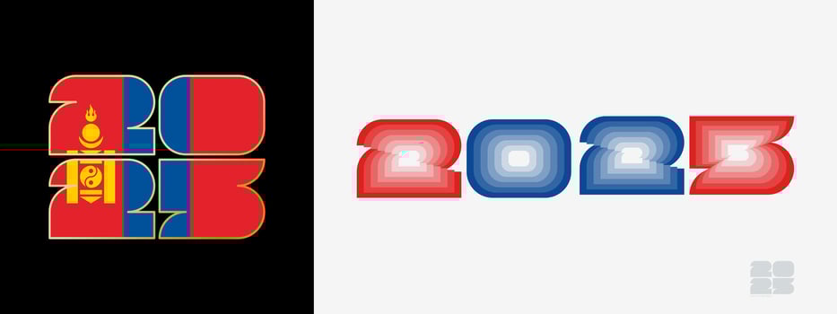 Year 2025 with flag of Mongolia and in color palate of Mongolia flag. Happy New Year 2025 in two different style. vector