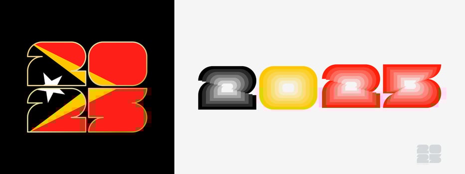Year 2025 with flag of East Timor and in color palate of East Timor flag. Happy New Year 2025 in two different style. vector