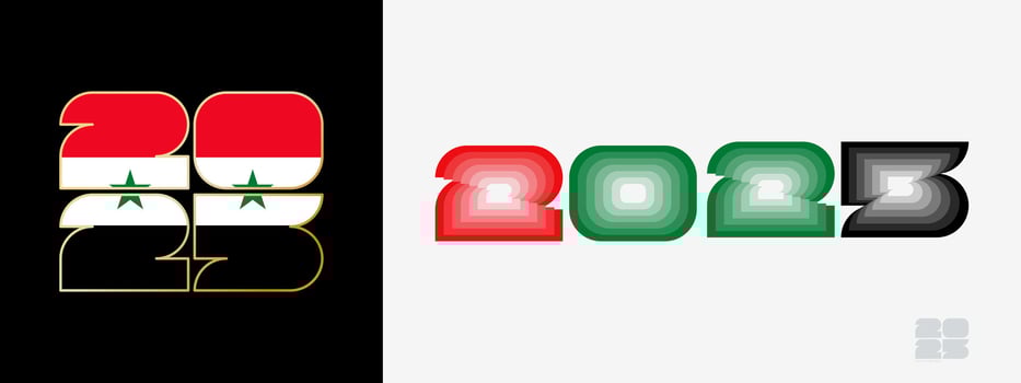Year 2025 with flag of Syria and in color palate of Syria flag. Happy New Year 2025 in two different style. vector