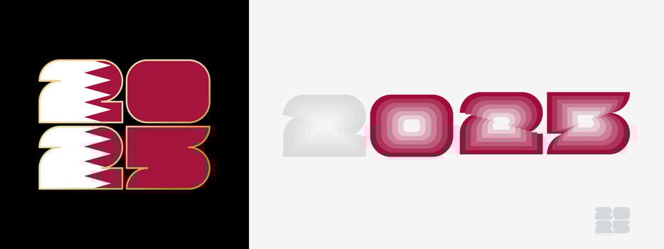 Year 2025 with flag of Qatar and in color palate of Qatar flag. Happy New Year 2025 in two different style. vector
