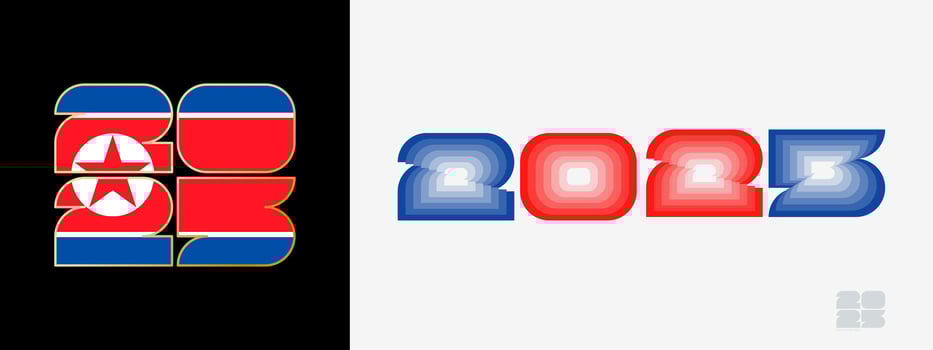 Year 2025 with flag of North Korea and in color palate of North Korea flag. Happy New Year 2025 in two different style. vector
