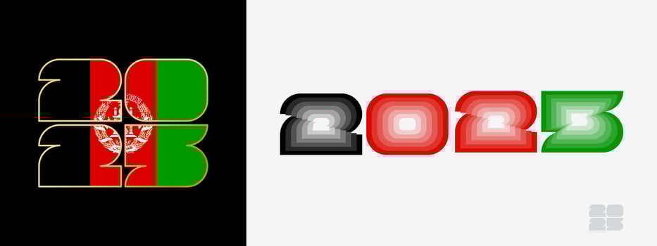 Year 2025 with flag of Afghanistan and in color palate of Afghanistan flag. Happy New Year 2025 in two different style. vector