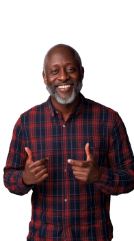 Cheerful man in plaid shirt pointing with both hands, isolated on a transparent background, showing positivity and friendliness. png