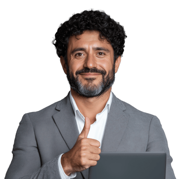 Smiling businessman with curly hair giving thumbs up, isolated on a transparent background, symbolizing positivity and approval. png