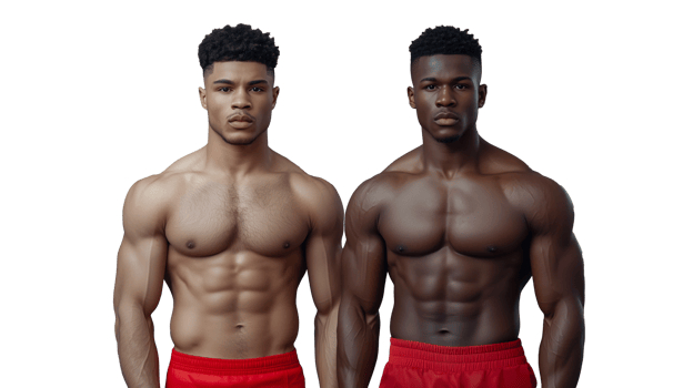 Two young men with muscular builds wearing red shorts, posing confidently on a transparent background, representing fitness and strength, ideal for sports and athletic themes. png