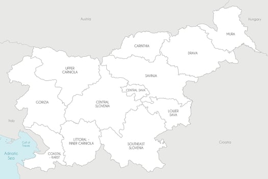 map of Slovenia with statistical regions and administrative divisions, and neighbouring countries and territories. Editable and clearly labeled layers. vector