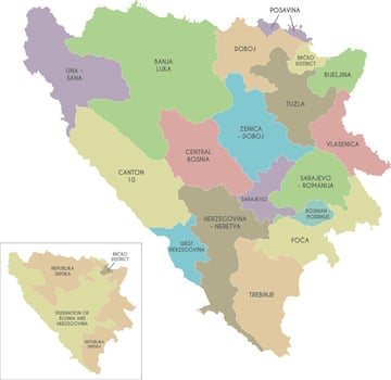map of Bosnia and Herzegovina with entities, cantons, regions and administrative divisions. Editable and clearly labeled layers. vector