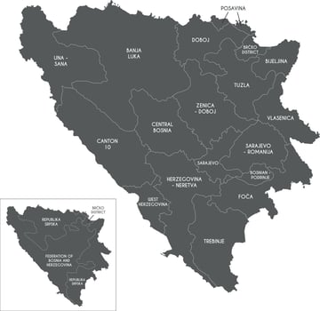 map of Bosnia and Herzegovina with entities, cantons, regions and administrative divisions. Editable and clearly labeled layers. vector