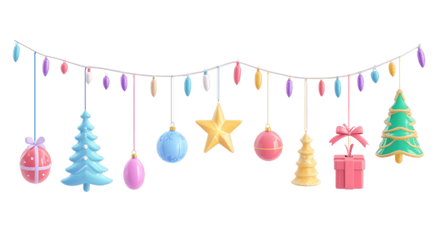 Christmas garland colorful Star, ball, icicle, cone, fir tree, present box hanging 3D icon cartoon isolate on transparent background png