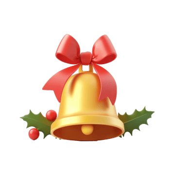 Golden christmas bell with red ribbon and holly 3D icon cartoon round edges isolate on transparent background png