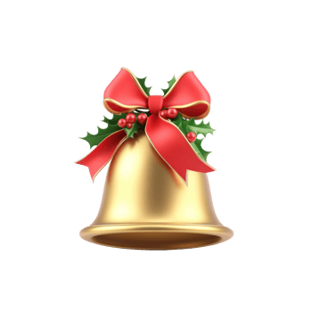 Golden christmas bell with red ribbon and holly 3D icon cartoon round edges isolate on transparent background png