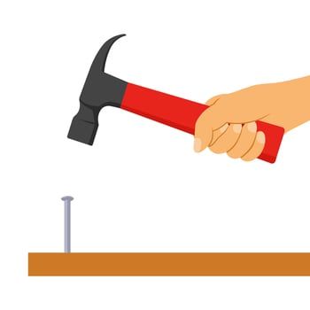 Illustration of a hand holding a hammer and striking a nail into a wooden board, isolated on a white backgrounnd vector