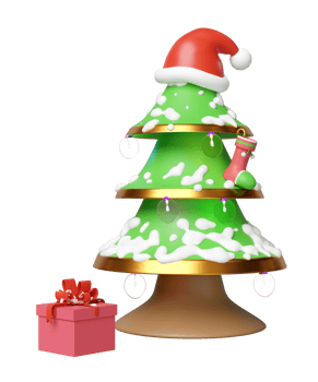 santa claus hat on christmas tree with snow, gift box, lamp, ornaments isolated. merry christmas and festive new year concept, 3d illustration render png