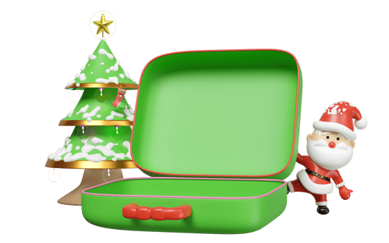 3d open suitcase empty with santa claus, christmas tree, lamp, ornaments isolated. merry christmas and festive new year holiday travel concept, 3d illustration render png