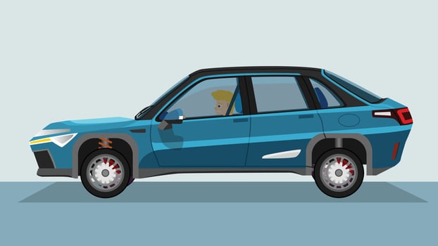 Concept illustration of detailed side of a flat soft blue sedan car. with shadow of car on reflected from the ground below. can view interior of car with driver man. vector