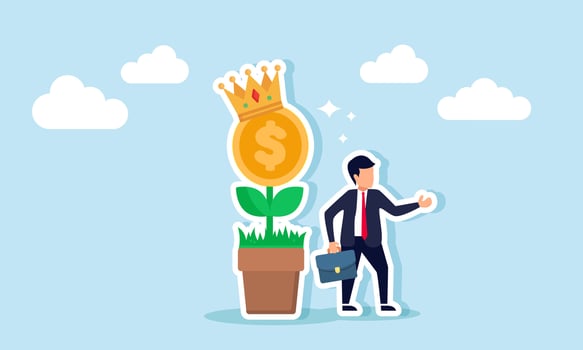 A businessman stands next to a crown dollar plant, illustration of a business's expertise in managing investment assets for growth and development vector