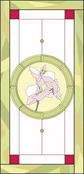 Stained glass panel in a rectangular frame. Classic window, with orchid, abstract floral arrangement of buds and leaves in the tiffany technique. Window frame border vector