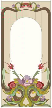 Stained glass panel in a rectangular frame, abstract floral arrangement of buds and leaves in the art Nouveau style vector