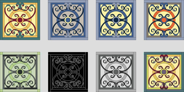 Ceiling panels of stained glass window. Abstract Flower, swirls and leaves in square frame, geometric ornament, stained glass tiffany technique, classic style vector