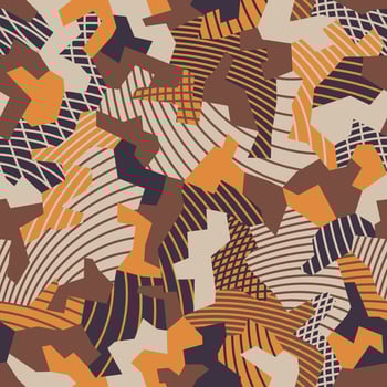 Patchwork sewing, camouflage background. Radio waves, striped radial pattern. Urban clothing style. Geometric camo repeat print. Orange, brown, colors texture. Seamless wallpaper vector