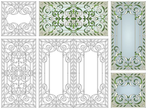 Stained glass set. Abstract geometric floral pattern in a rectangular and square frame. Colorful stained glass window in classic style for ceiling or door panels, Tiffany technique vector