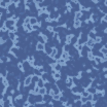 Halftone digital navy camouflage. LED screen pattern in dark blue tones, camo grid, polka dot background. Seamless texture vector