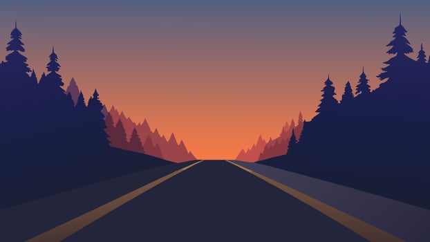 sunrise illuminates a foggy forest road, creating a tranquil and mystical atmosphere flat illustration vector