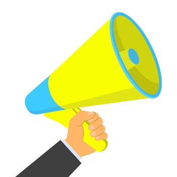 Hand holding a megaphone, isolated on white background. Illustration vector
