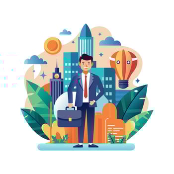 Businessman with briefcase and hot air balloon illustration vector