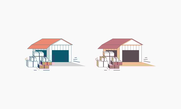 Two Warehouses with Boxes Being Loaded or Unloaded vector