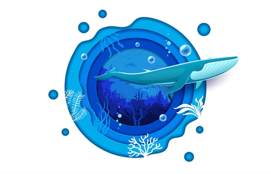 Paper cut underwater landscape with blue whale vector
