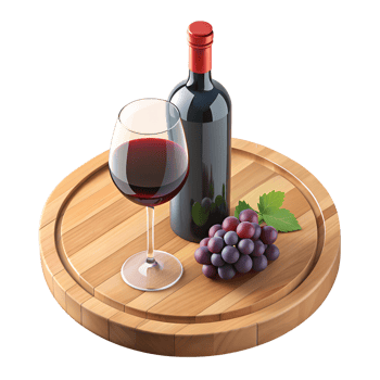 3d rendering style of a bottle of red wine and a glass of red wine on a wooden table, isometric, isolated on transparent background png
