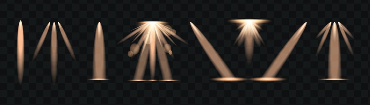 Gold light rays and beams effect set. Glow isolated transparent lights, lens flare, explosion, glitter and spotlights. Abstract effect. vector