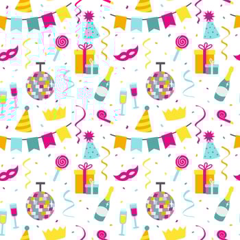 Seamless pattern with party decoration elements in cartoon flat style on white background. vector