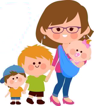 Happy single mother carrying her baby in a baby sling and walking with her children. Cartoon family, parent mom with kids, baby toddler girl and little boys. vector