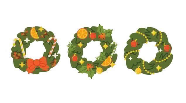 Christmas door wreath designs set. Fir branch circles with Xmas decor, ornaments, ribbon, baubles, flower, food for winter holiday decoration. Flat illustrations isolated on white background vector