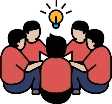 A group of people sitting together and one of them has a light bulb on his head vector