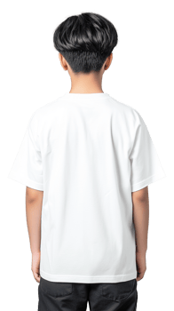 Male model in white T-shirt shown from back with short dark hair png